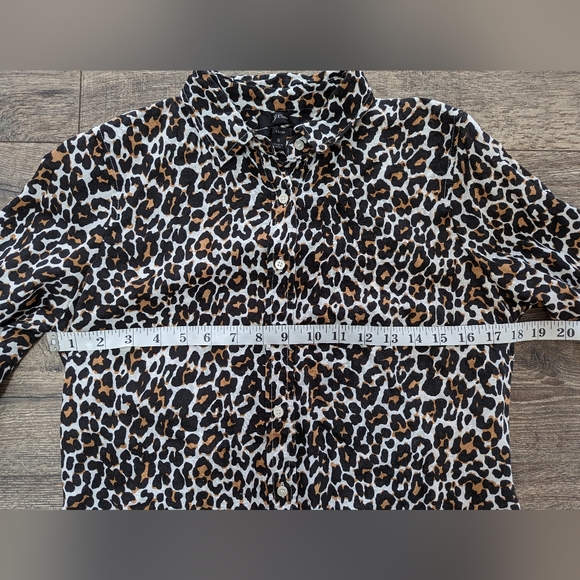 J Crew Small Leopard Linen Button Up Down Long Sleeve Top Shirt Slim Black Cream - Picture 4 of 6